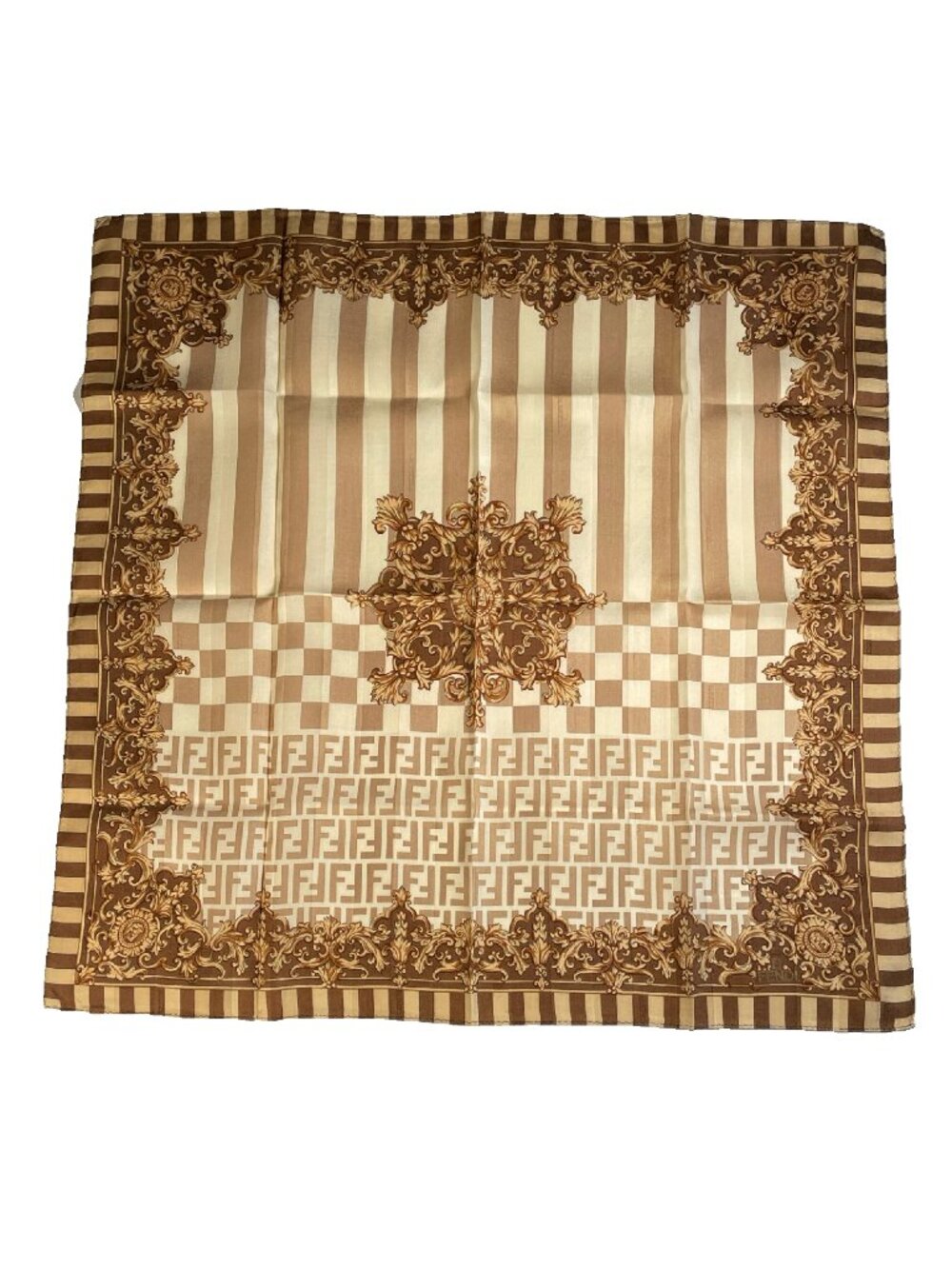 Fendi Zucca Baroque Print Cotton Scarf – 22.5" x 23" Ghost Logo